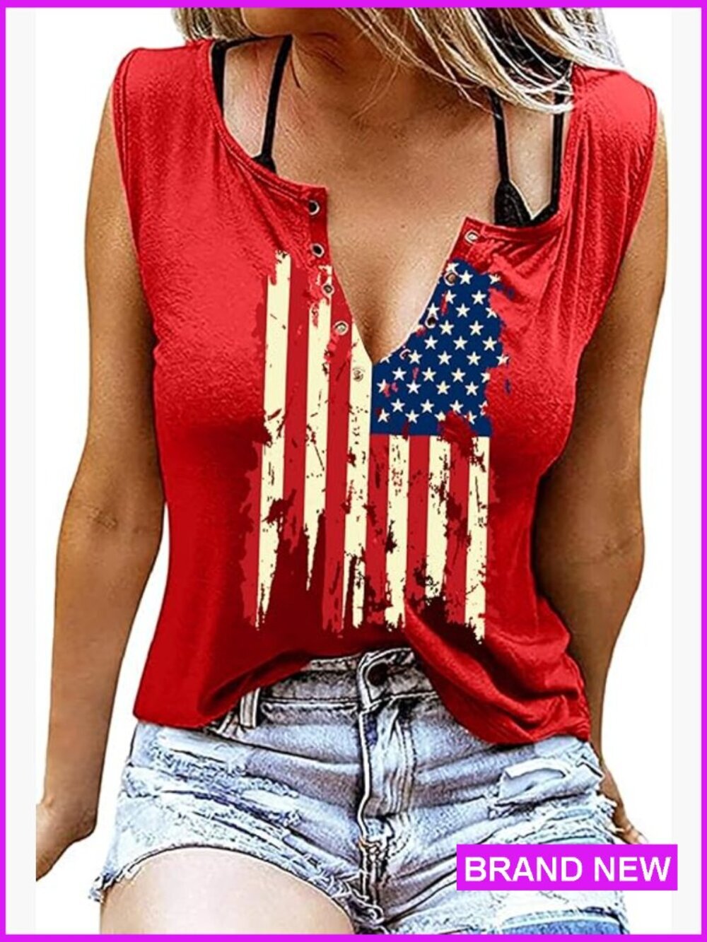 American Flag Tank Top Sleeveless V-Neck Patriotic T-Shirt Casual Summer Tee